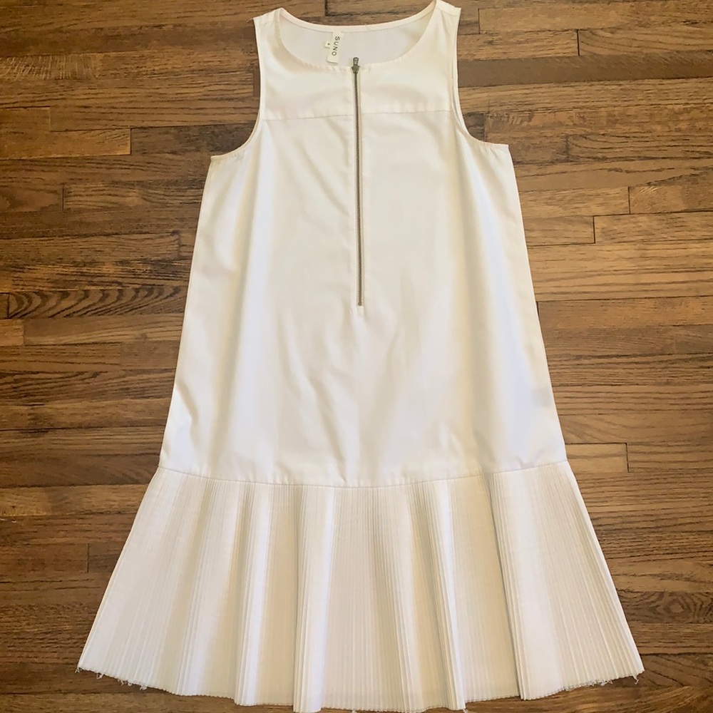 Suno Sleeveless White Cotton Pleated Frayed Hem Dress, Size 4
